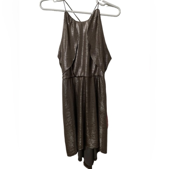 Halston Women’s Hi low Drape Metallic Gunmetal Racer back Midi dress size 8 - Picture 1 of 16